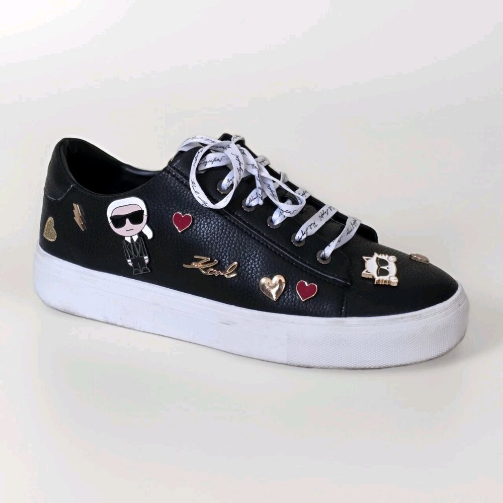 Karl Lagerfeld Paris Cat Heart Pins Sneaker Shoes Womens 9 Black Lace Up Boho